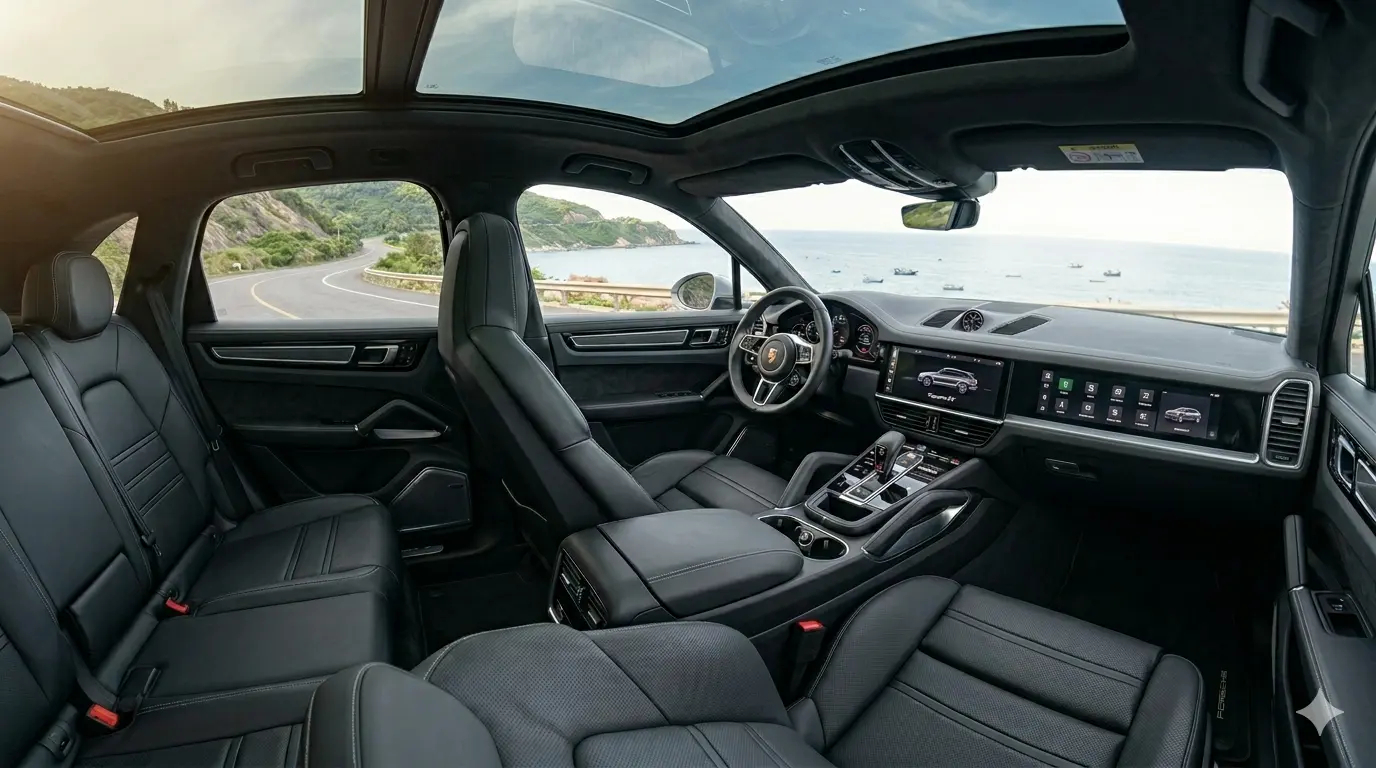 Khoang lái Porsche Driver Experience trên Porsche Cayenne điện 2026 với hệ thống màn hình cong OLED Flow Display trải dài