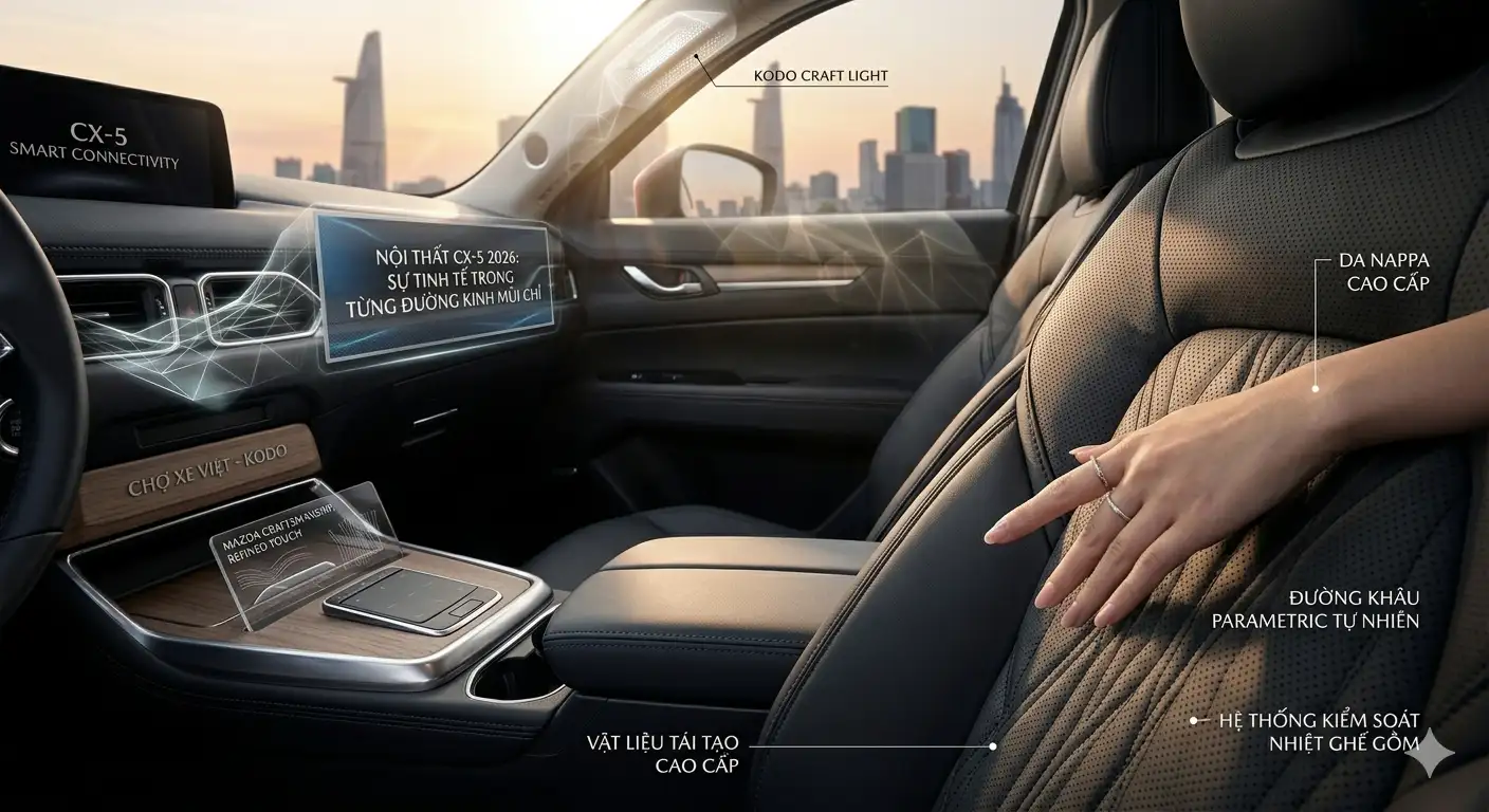 Sự tinh tế trong nội thất Mazda CX-5 2026 với ghế da Nappa và đường khâu thủ công tỉ mỉ.