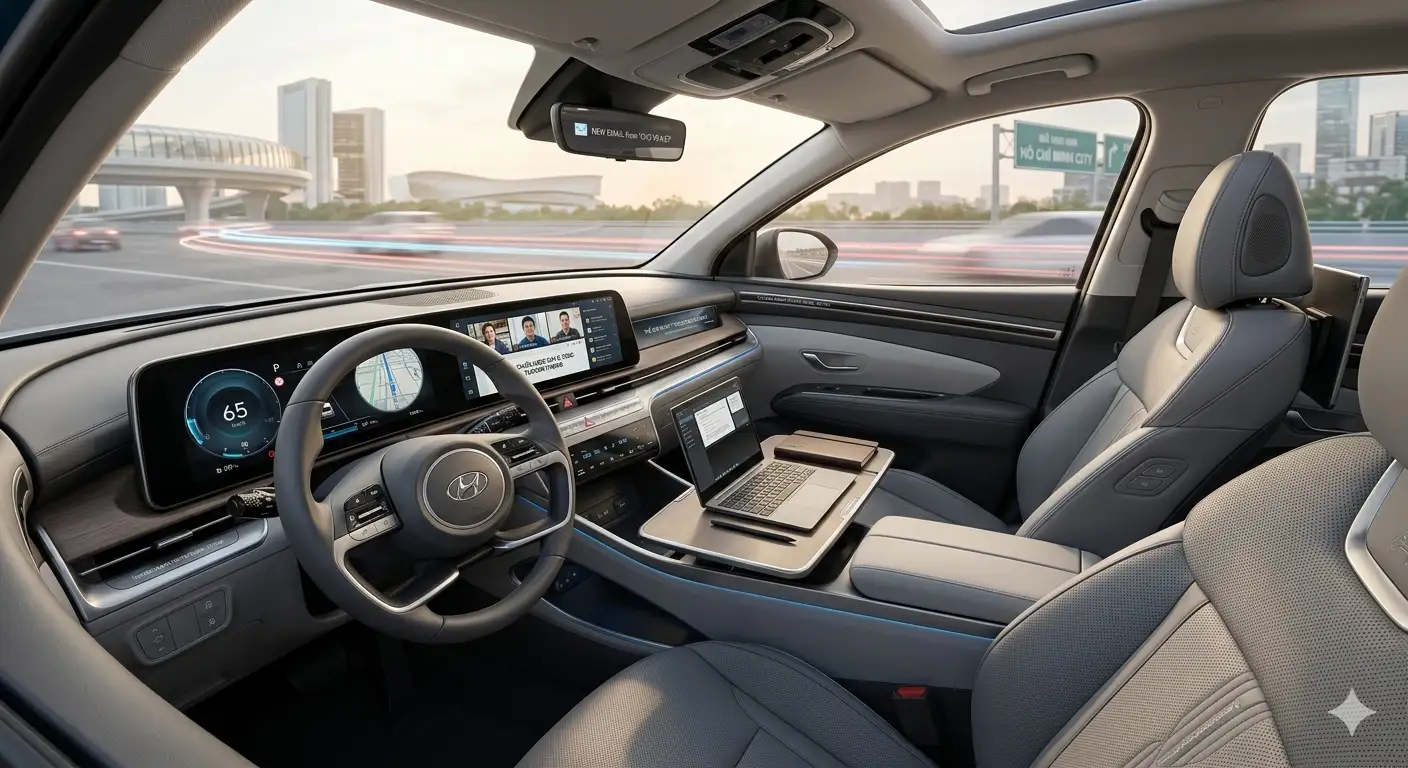 Không gian nội thất Smart-Office di động tích hợp màn hình cong kép của Hyundai Tucson 2026.