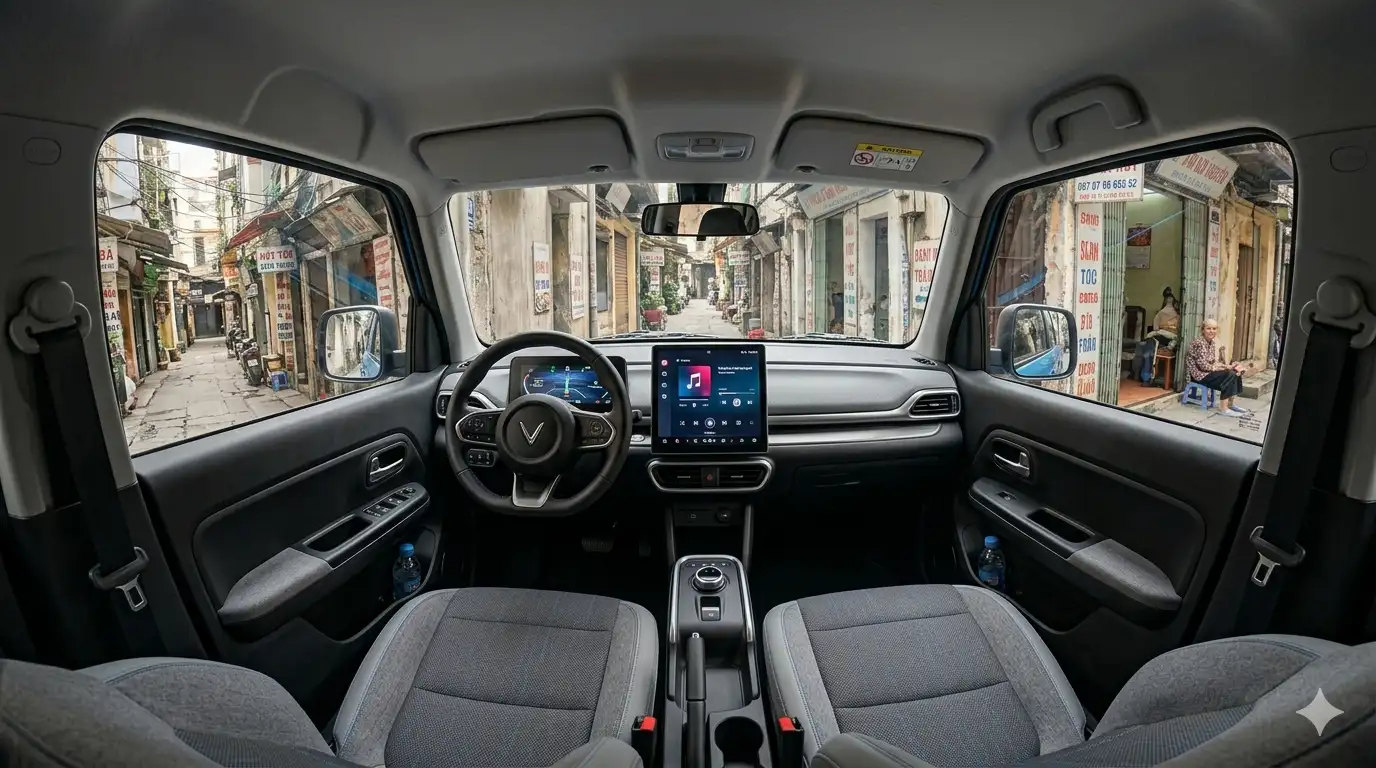 Toàn cảnh khoang nội thất VinFast VF3 với màn hình giải trí 10 inch và vô lăng vát D-cut hiện đại