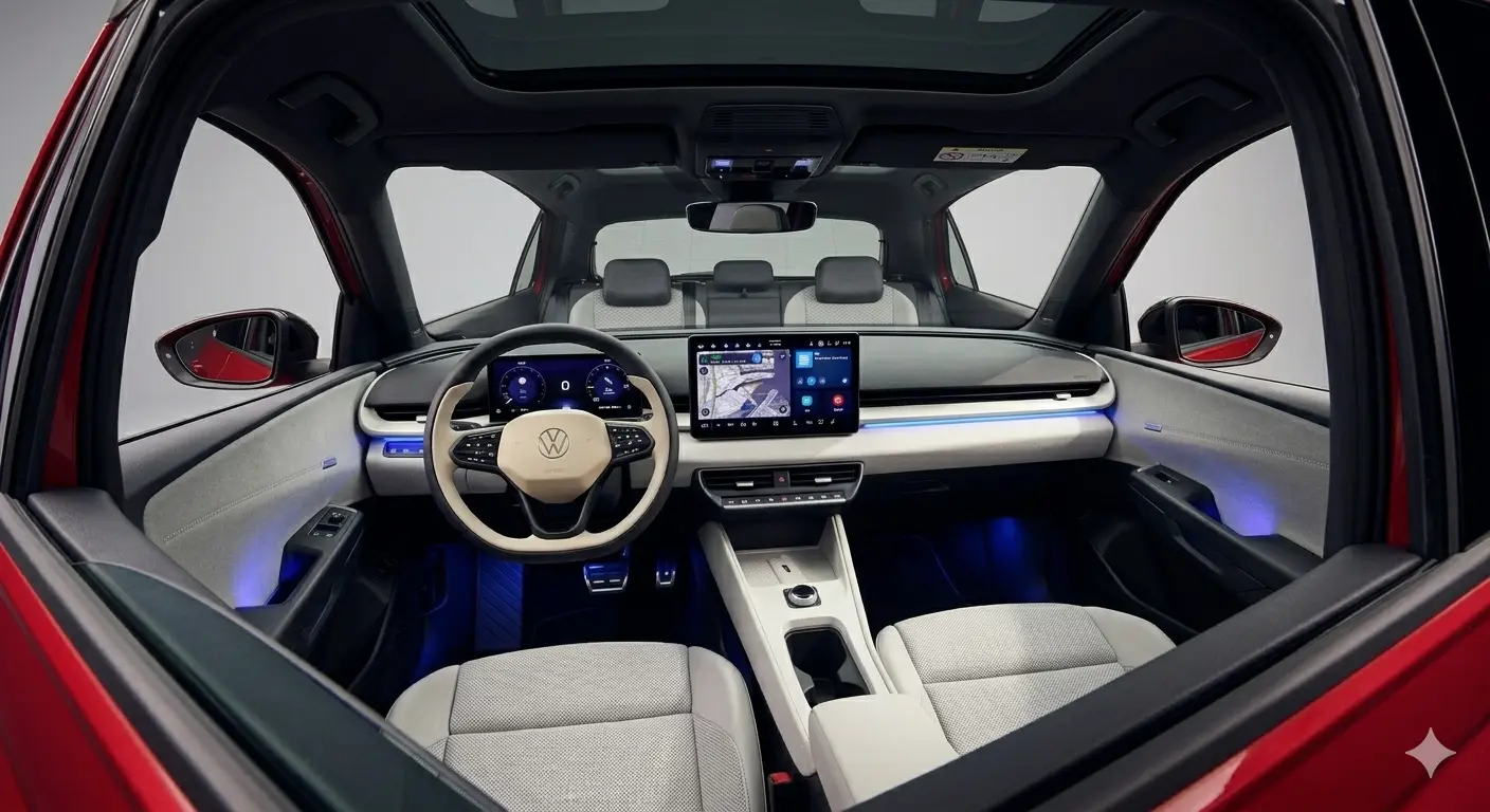 Khoang cabin số hóa của Volkswagen ID. Polo 2026 với màn hình 12.9 inch và hệ thống đèn viền nội thất.