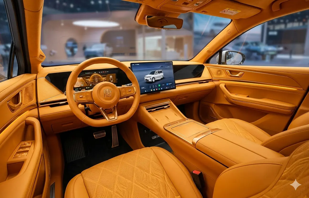 Khoang lái và nội thất bọc da màu vàng cam sang trọng của xe BYD Tang
