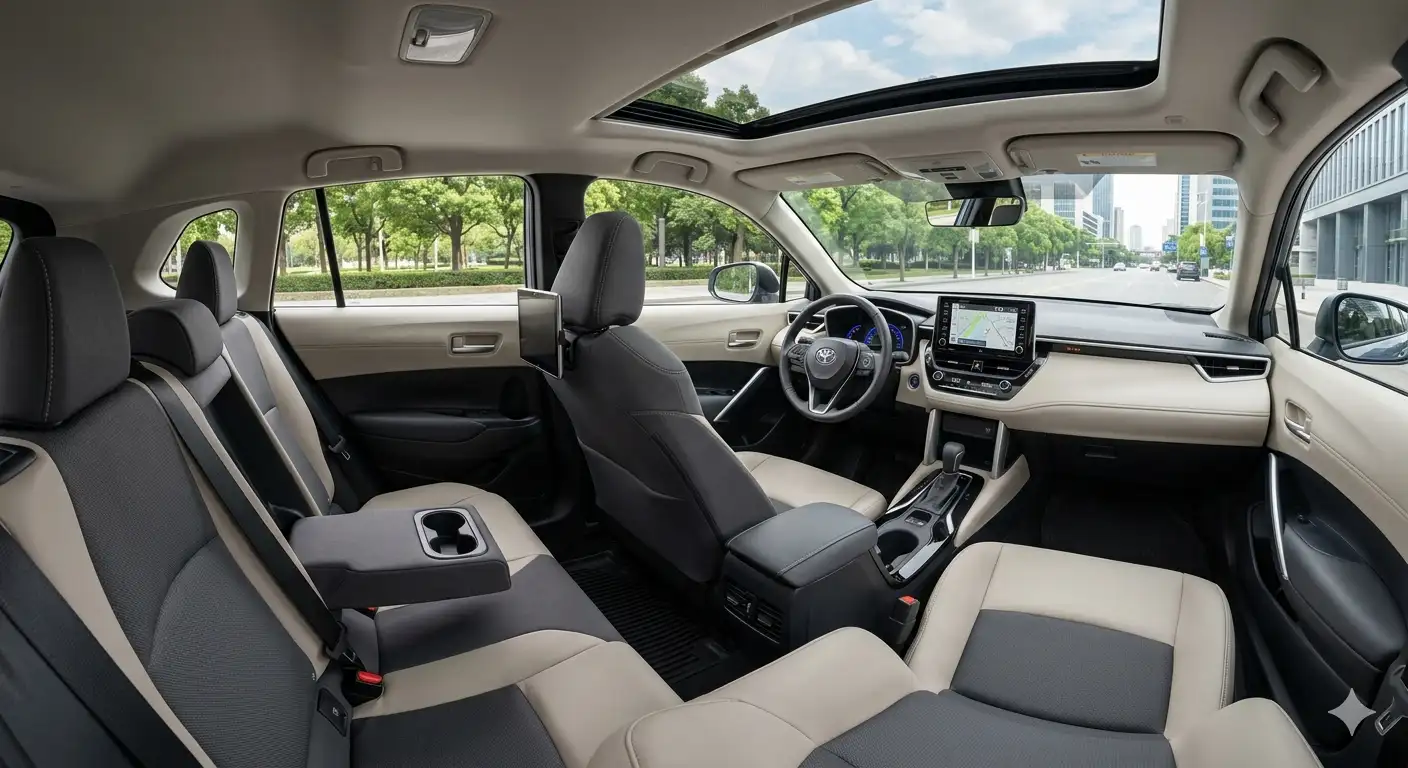 Toàn cảnh khoang nội thất Toyota Corolla Cross 2026 với màn hình kỹ thuật số và cửa sổ trời toàn cảnh