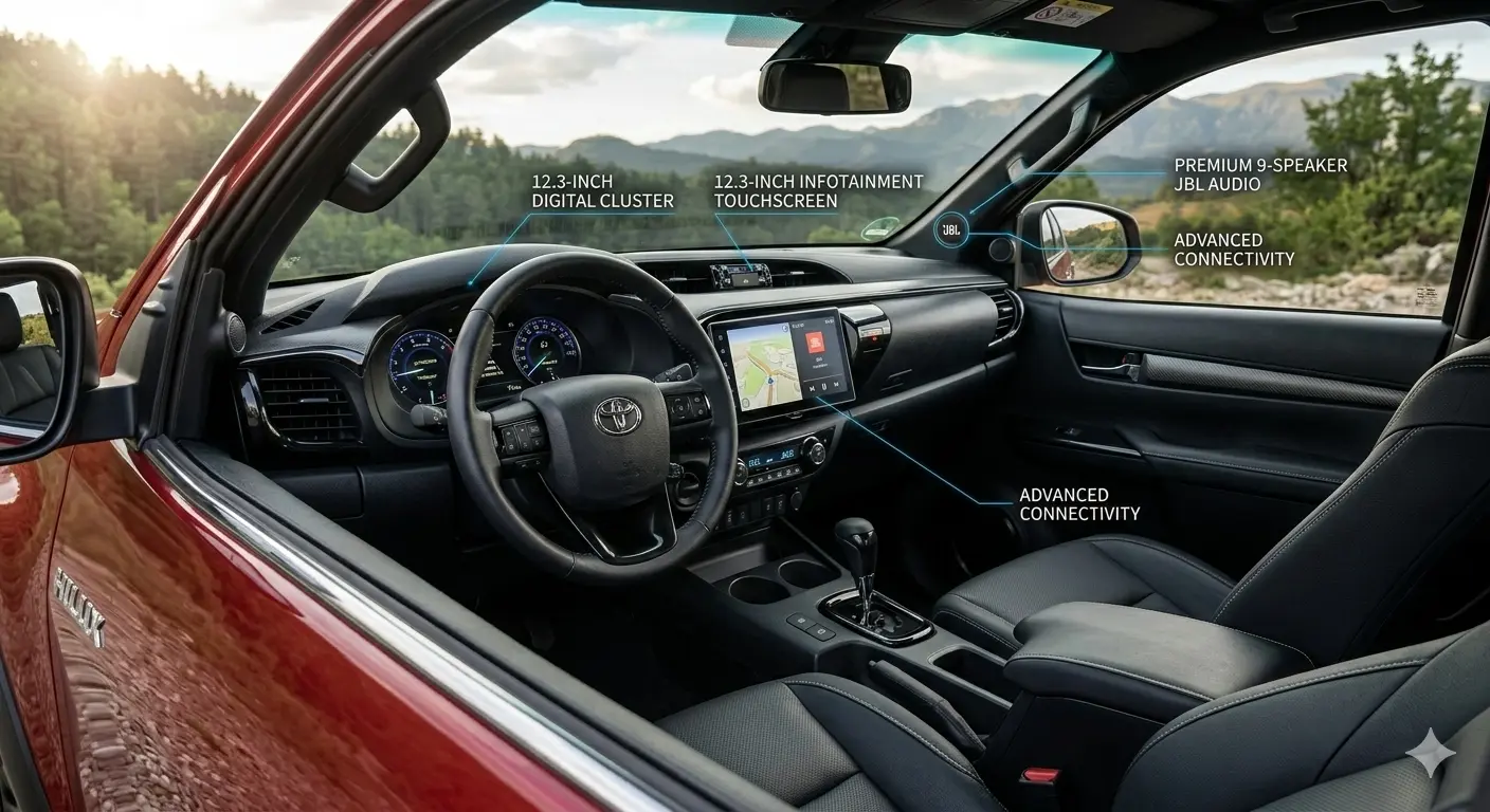 Không gian nội thất sang trọng của Toyota Hilux 2026 với màn hình giải trí 12.3 inch và loa JBL cao cấp.