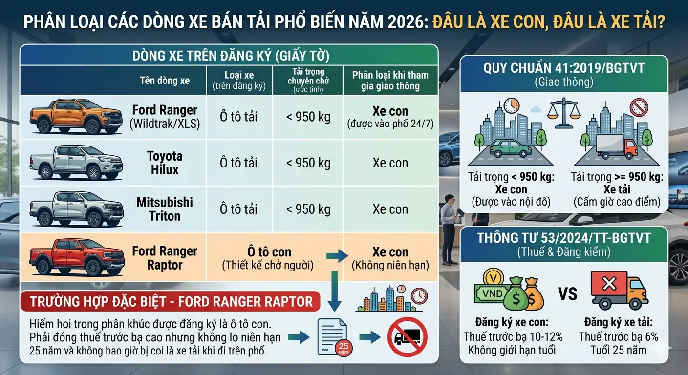 Bảng thông số phân loại xe bán tải 2026 theo quy chuẩn 41 và thông tư 53 giúp nhận biết xe con và xe tải