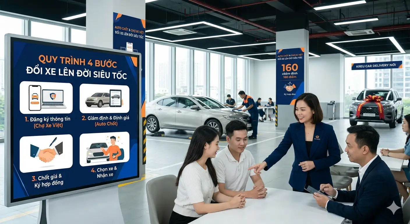 Sơ đồ quy trình 4 bước đổi xe cũ lên đời xe mới nhanh chóng tại hệ thống Chợ Xe Việt.