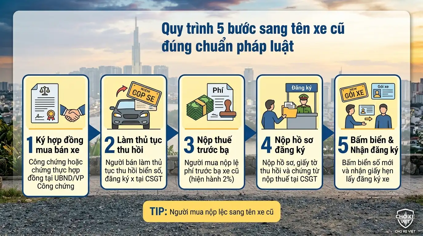 hướng dẫn quy trình 5 bước sang tên đổi chủ xe ô tô cũ theo quy định pháp luật Việt Nam.