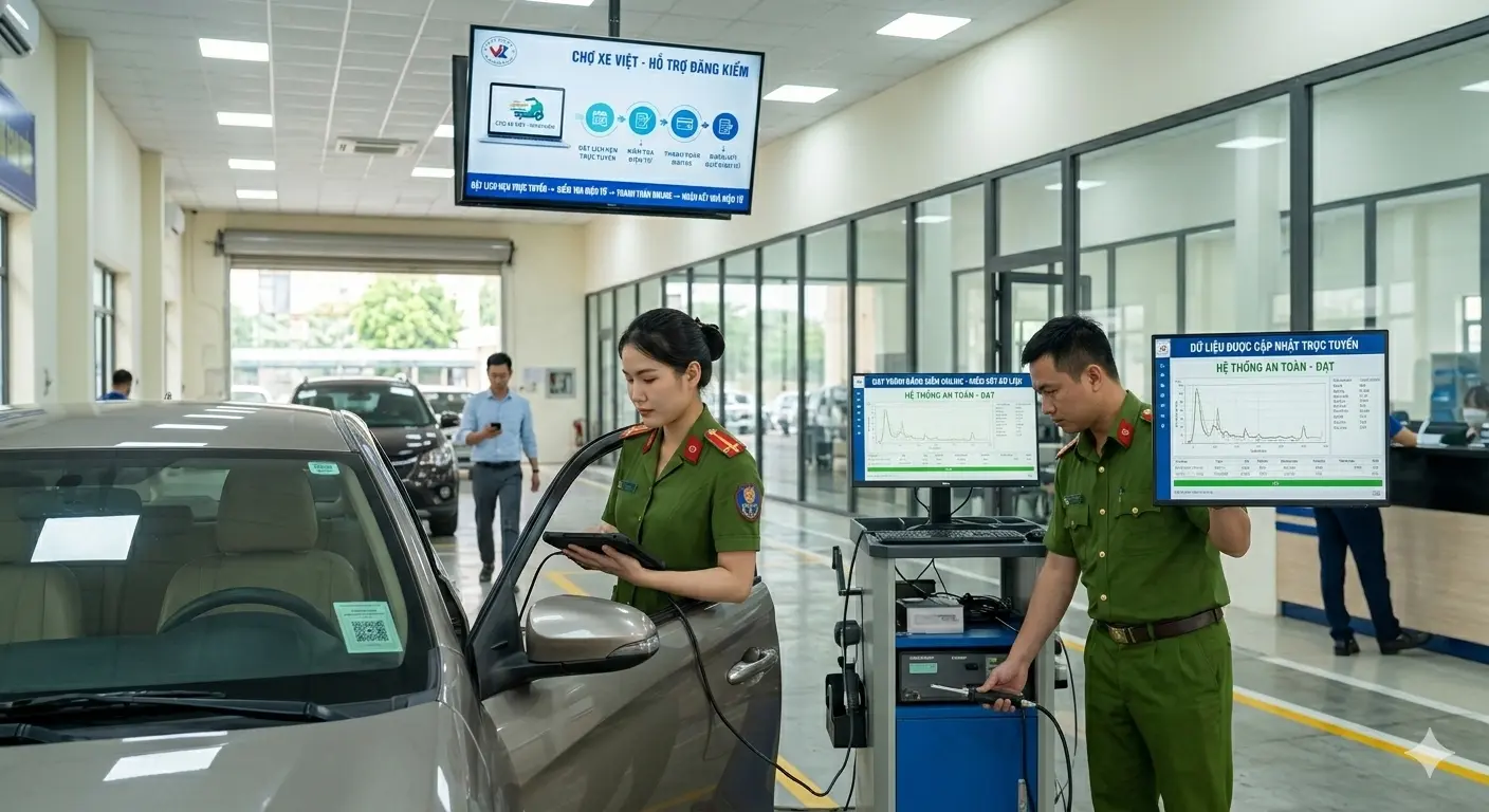 Nhân viên trung tâm đăng kiểm kiểm tra xe và cập nhật dữ liệu trực tuyến lên hệ thống quốc gia.