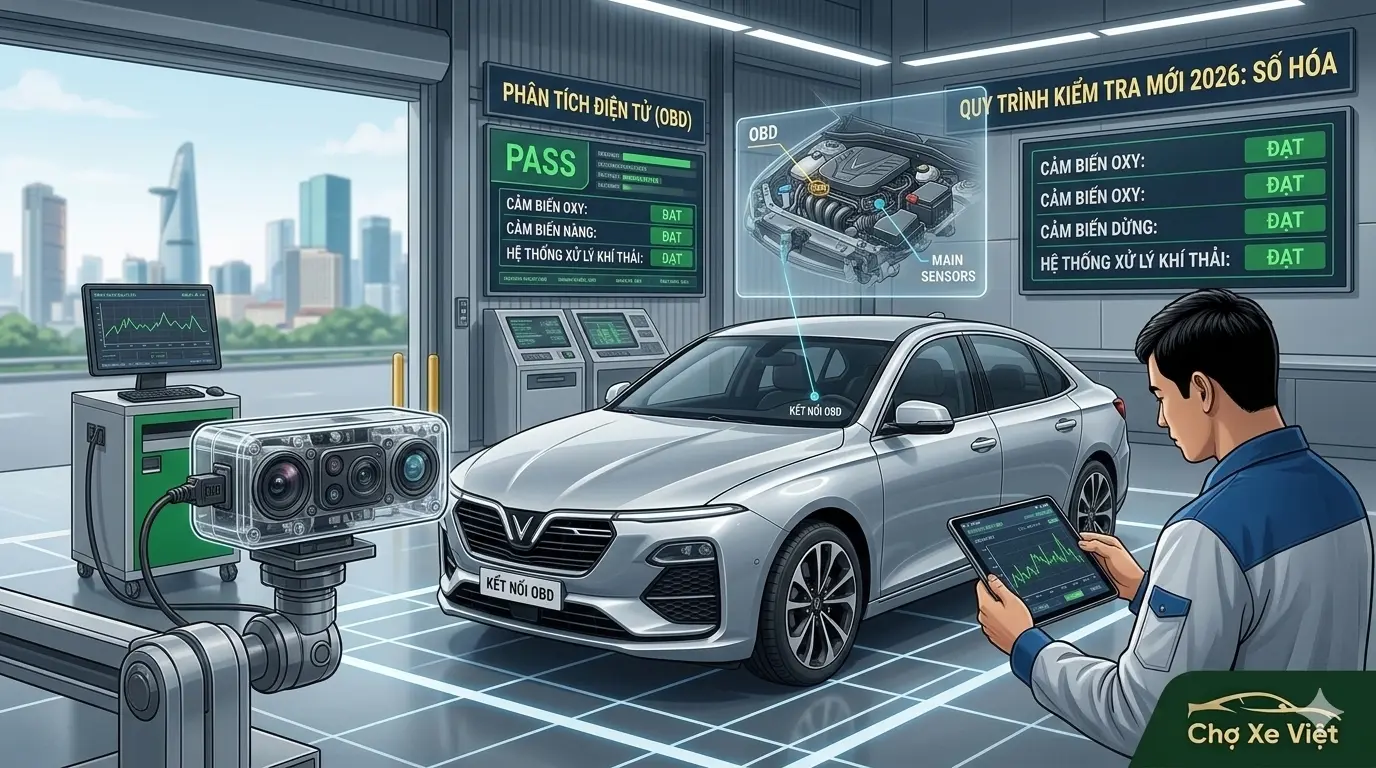 Quy trình kiểm tra khí thải ô tô 2026 sử dụng cổng kết nối OBD và phần mềm số hóa.