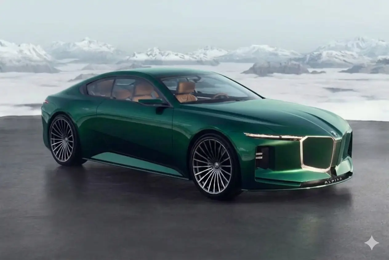 Hình ảnh rò rỉ thiết kế đầu xe Vision BMW Alpina Concept 2026 màu xanh rêu, nổi bật với mặt ca-lăng chữ V và dải đèn LED mỏng cự tuyệt ngôn ngữ Neue Klasse.