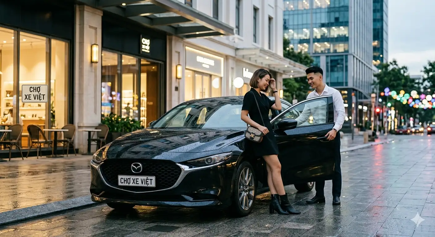 Xe Sedan Mazda 3 sang trọng biển số Chợ Xe Việt đỗ tại khu đô thị hiện đại, phù hợp phong cách tinh tế của người trẻ Gen Z.