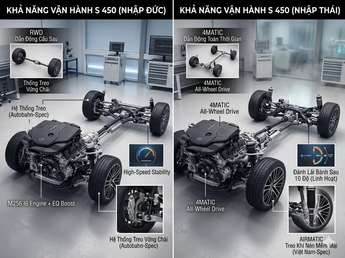 Mercedes-Benz S450 minh họa sự khác biệt giữa hệ dẫn động cầu sau RWD trên xe nhập Đức và hệ dẫn động 4 bánh toàn thời gian 4MATIC kết hợp tính năng đánh lái bánh sau 10 độ trên xe nhập Thái Lan.