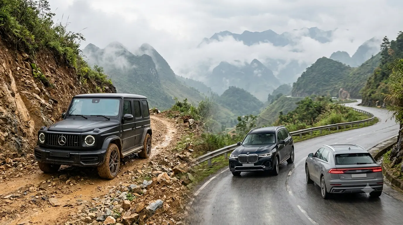 So sánh xe off-road Mercedes G-Class khung gầm rời trên đường đá gồ ghề và bộ đôi SUV BMW X7, Audi Q8 khung gầm liền khối Unibody trên đường đèo