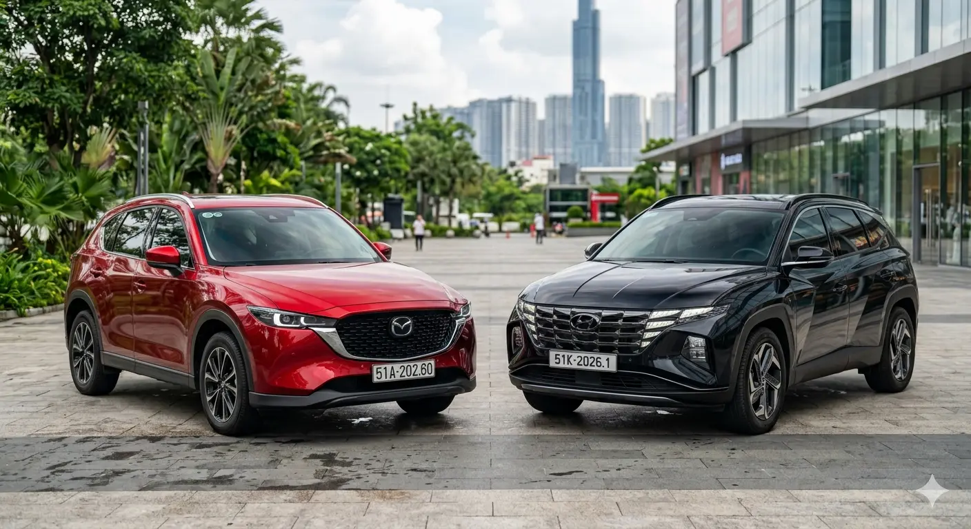 Mô tả ngoại thất xe Mazda CX-5 (trái) màu đỏ Soul Red Crystal và Hyundai Tucson (phải) màu đen Phantom Black Pearl 2026.