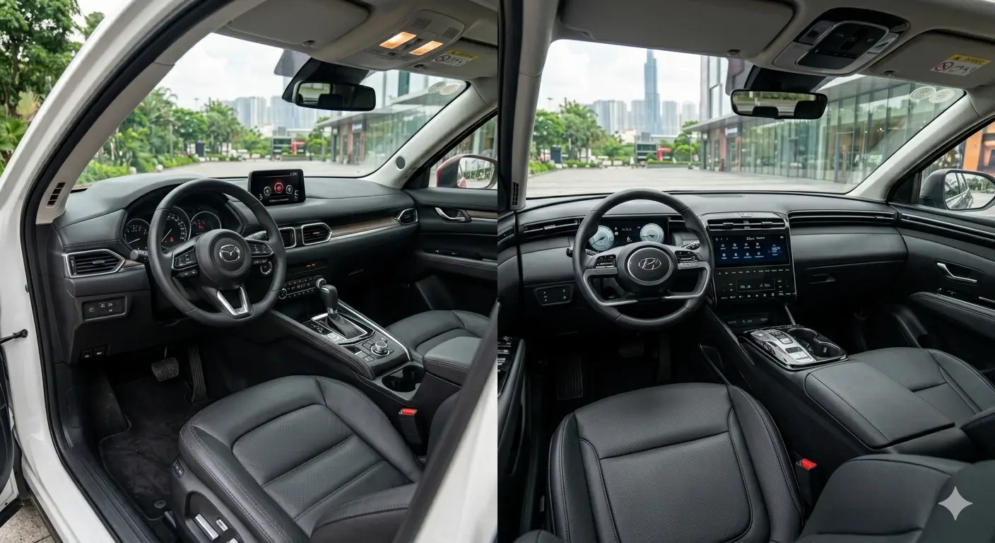 Góc ảnh so sánh khoang lái Mazda CX-5 tối giản sang trọng kiểu cổ điển và Hyundai Tucson tích hợp màn hình cong Panorama liền mạch mới 2026.