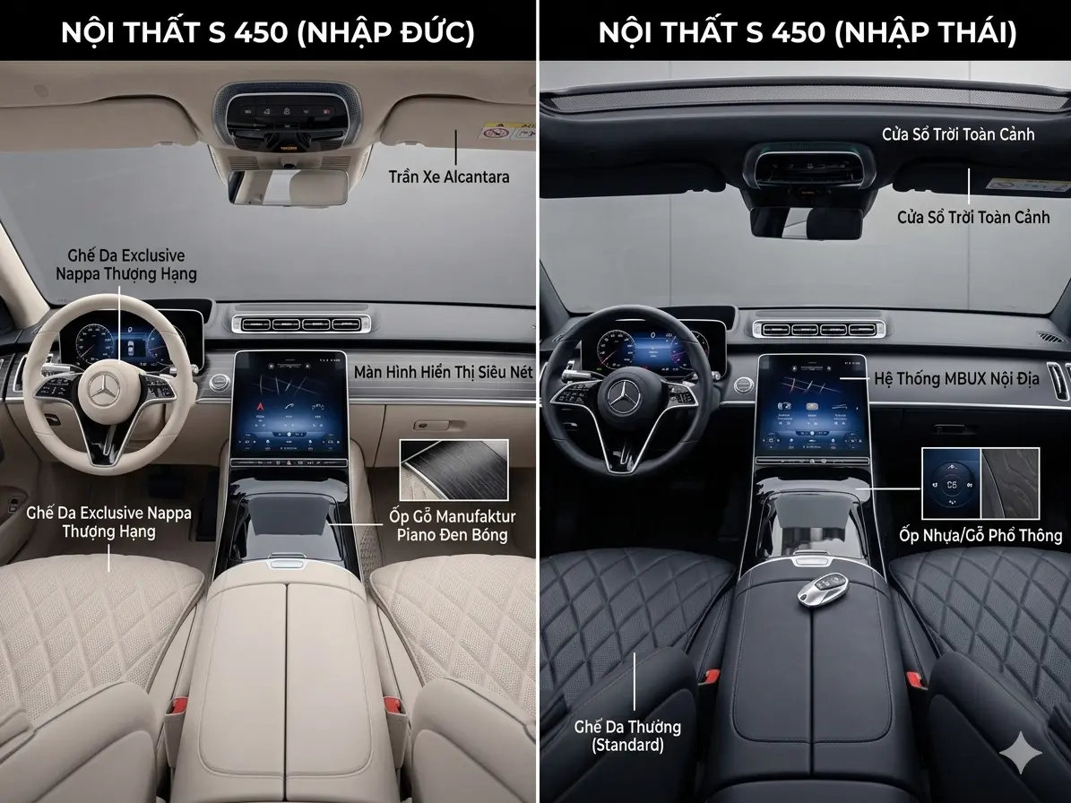 Mercedes-Benz S450 với khoang cabin xe nhập Đức sử dụng da Nappa Exclusive cao cấp đối lập với xe nhập Thái Lan trang bị trần xe Alcantara và hệ thống MBUX nội địa hóa phù hợp thị trường Việt Nam.