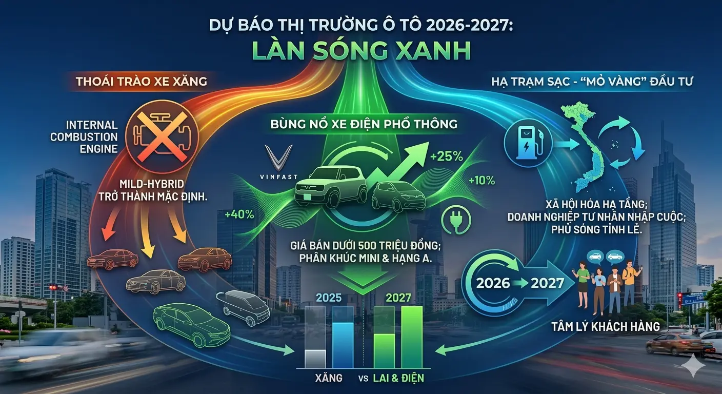Biểu đồ dự báo sự bùng nổ của làn sóng xe xanh và sự thoái trào của xe xăng truyền thống giai đoạn 2026-2027