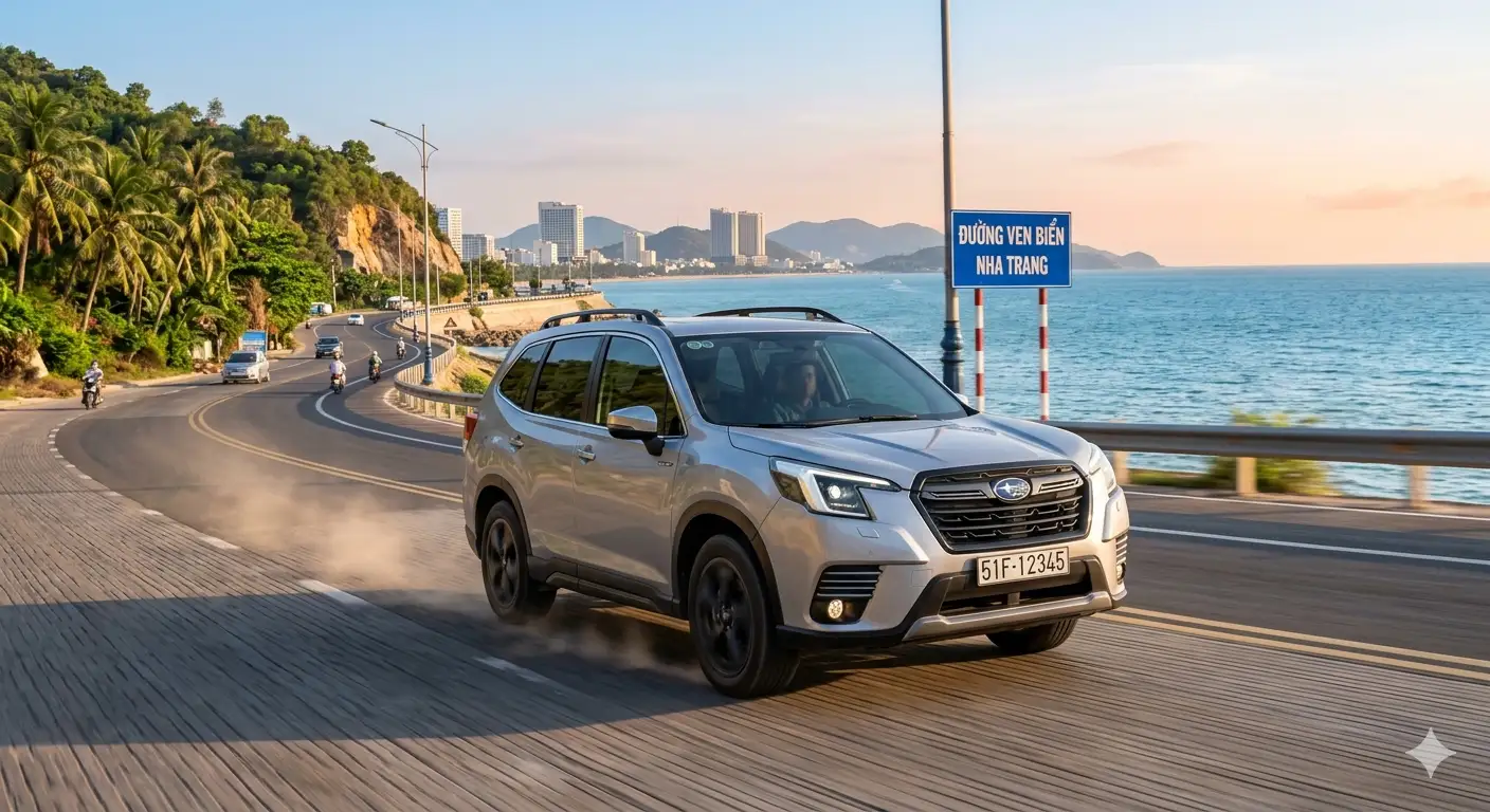 Xe Subaru Forester 2025 màu bạc đang lăn bánh trên đường ven biển Nha Trang với ưu đãi giảm giá 308 triệu