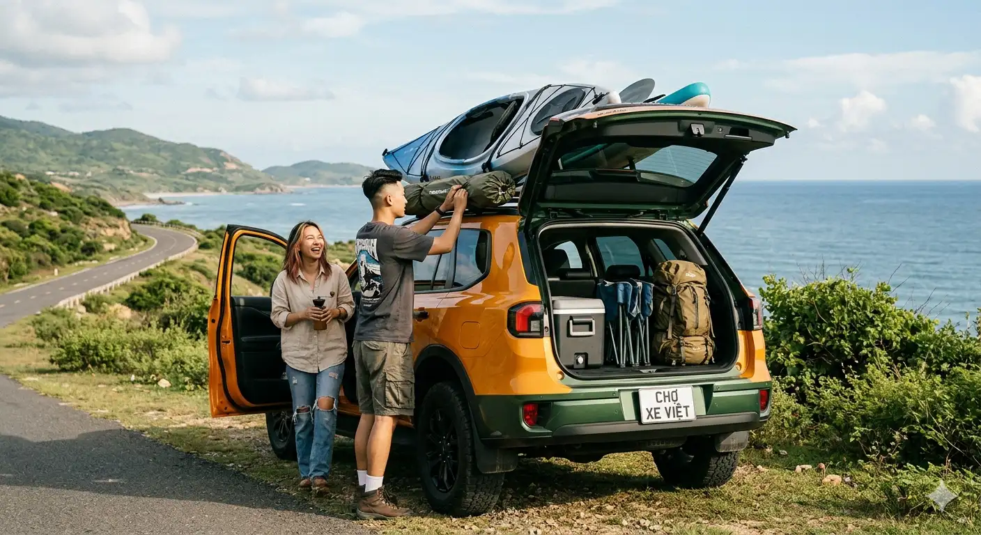 Giới trẻ Gen Z trải nghiệm du lịch dã ngoại với xe SUV gầm cao, biển số Chợ Xe Việt, khoang hành lý rộng rãi chứa đồ cắm trại.