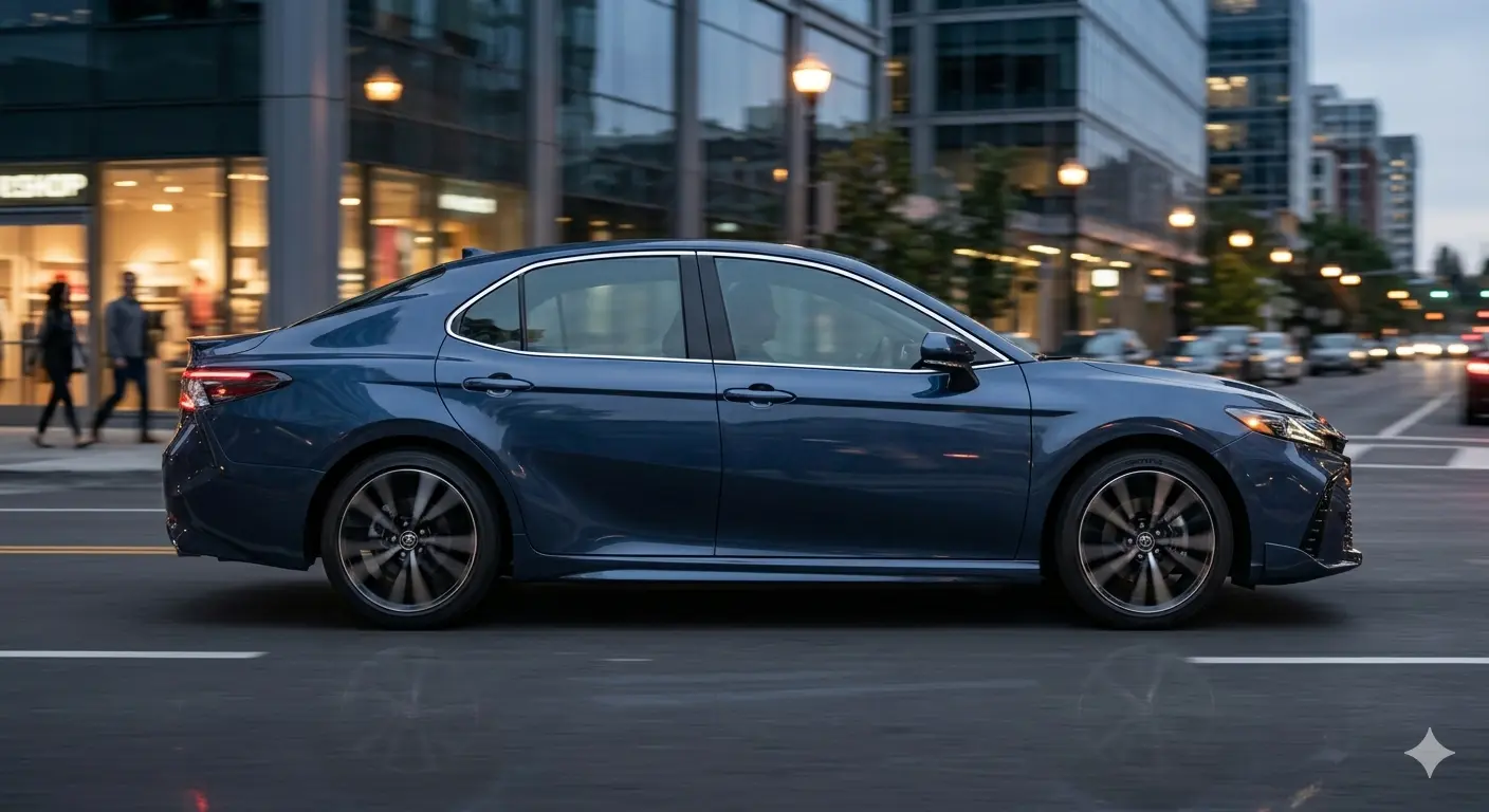 Góc nhìn thân xe Toyota Camry 2026 màu xanh metallic với đường gân dập nổi và mâm hợp kim 19 inch