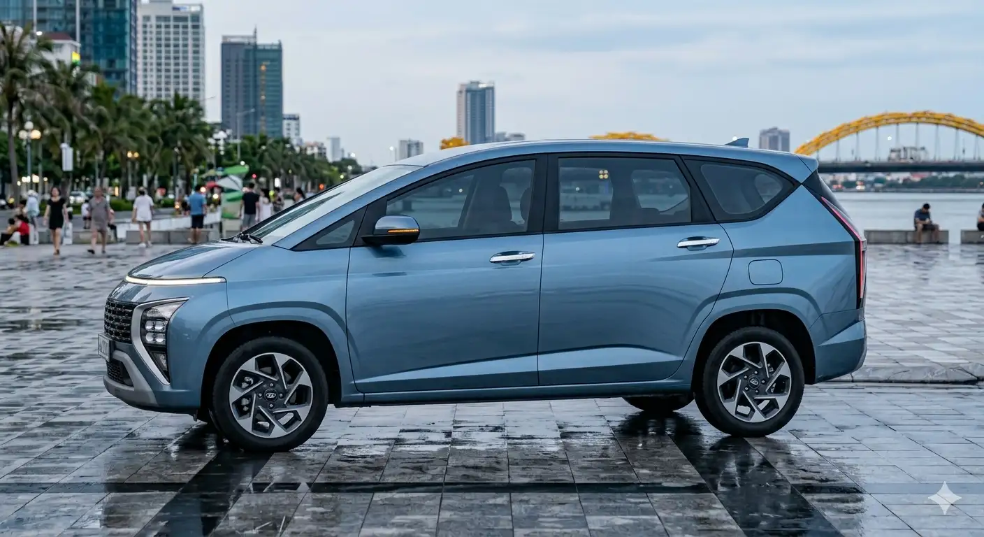 Thân xe Hyundai Stargazer 2026 với khoảng sáng gầm 205mm và mâm phay 17 inch