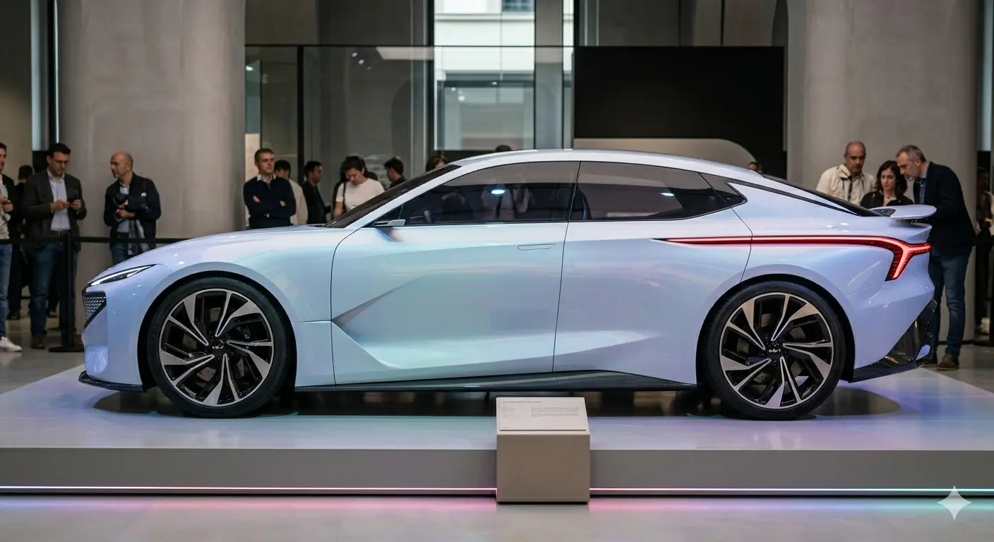 Thiết kế thân xe Kia Vision Meta Turismo kiểu dáng Grand Tourer khí động học và mâm xe hợp kim lớn.