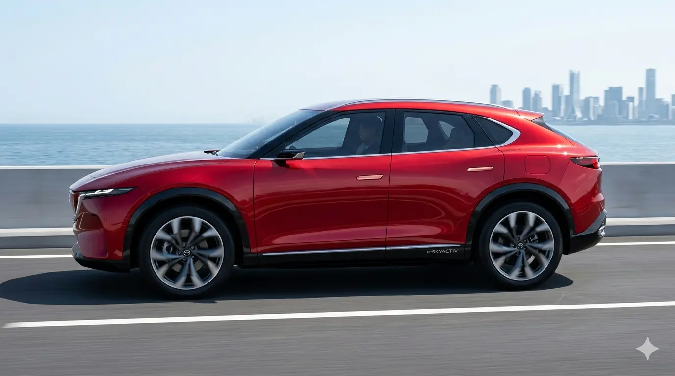 Thân xe Mazda CX-6e sở hữu đường nét khí động học và mâm xe 21 inch hiện đại.
