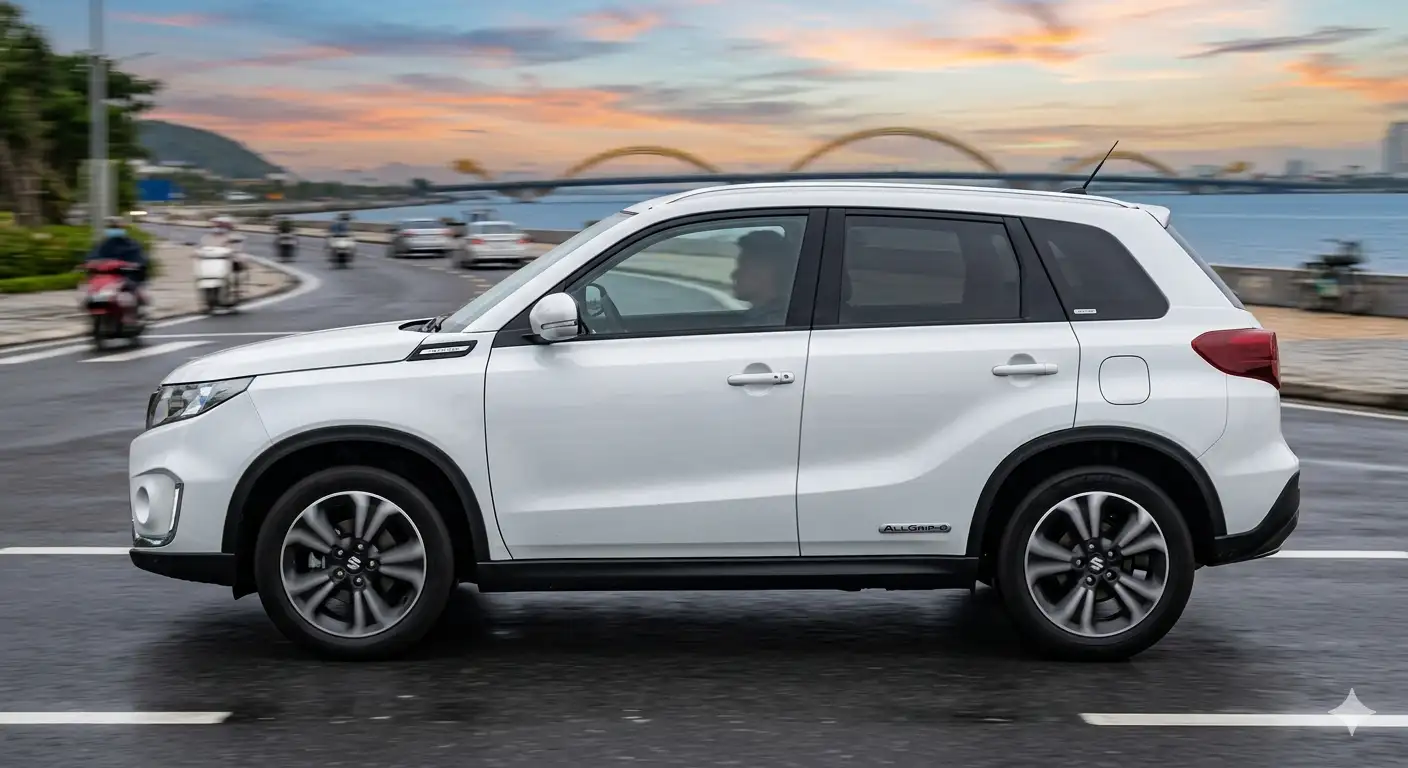 Cận cảnh thiết kế thân xe điện Suzuki eVitara 2026 với tay nắm cửa ẩn và vòm bánh xe cơ bắp tại Chợ Xe Việt.