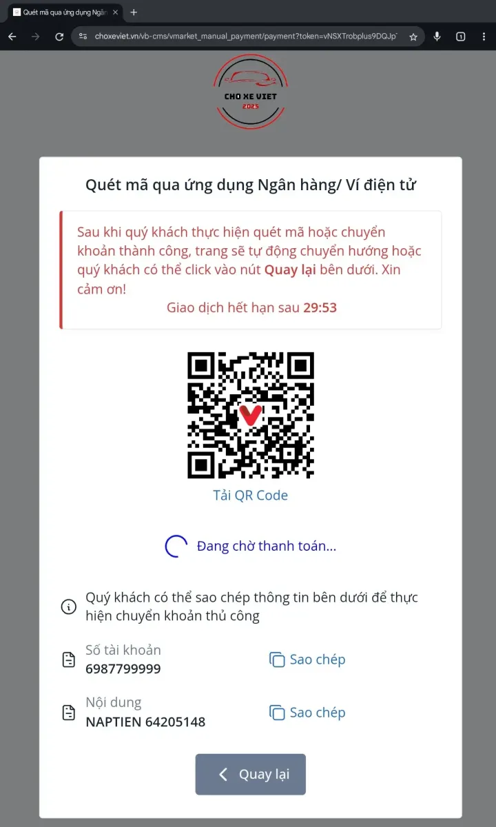 Quét mã QR để thanh toán khi nạp tiền vào ví trên Chợ Xe Việt