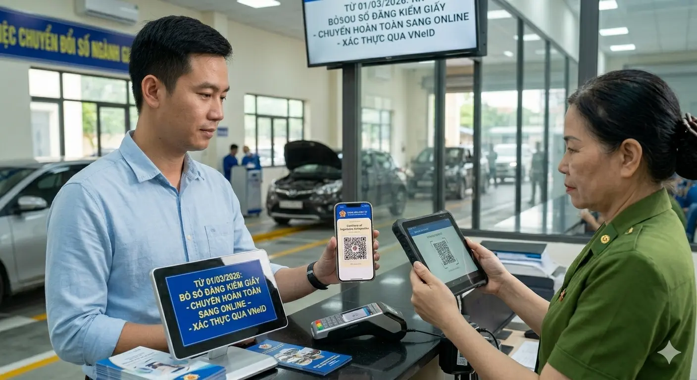 Chủ xe quét mã QR xác thực thông tin đăng kiểm điện tử qua ứng dụng VNeID thay cho sổ giấy.