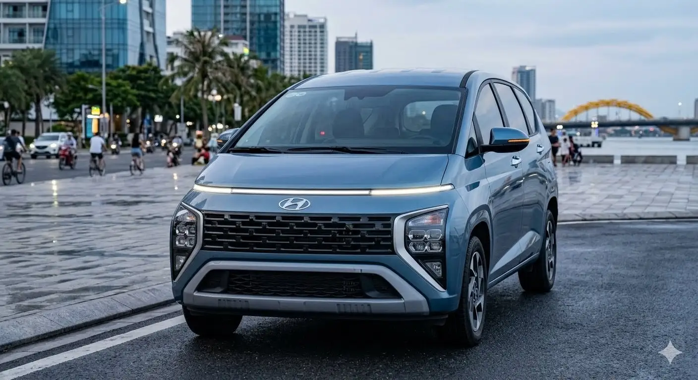 Thiết kế đầu xe Hyundai Stargazer 2026 với dải LED chạy ngang và lưới tản nhiệt 3D