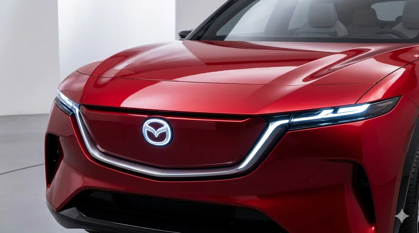 Cận cảnh thiết kế đầu xe Mazda CX-6e với lưới tản nhiệt kín và logo phát sáng.