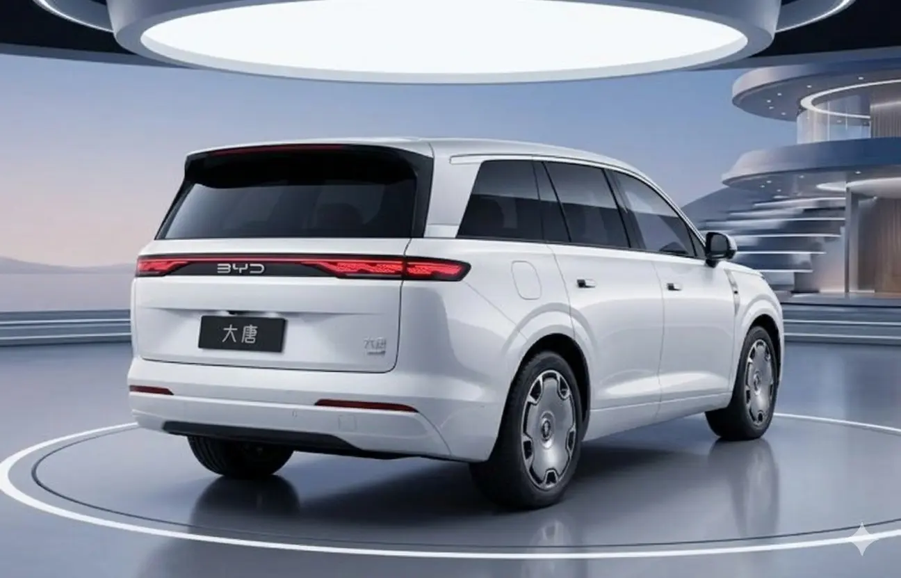 Góc nhìn phía sau 3/4 xe SUV BYD Tang màu trắng với cụm đèn hậu LED trải dài