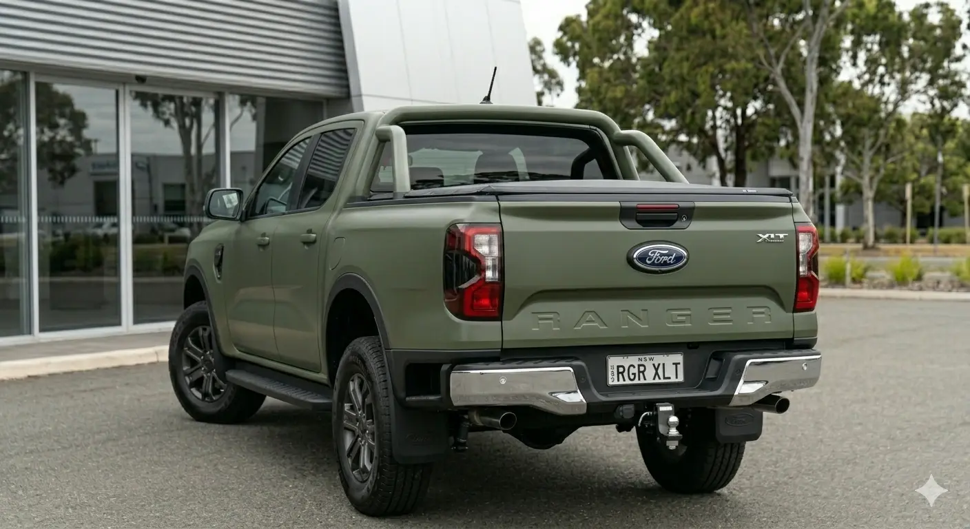 Chi tiet thiet ke phia sau va thung cho hang cua phien ban Ford Ranger Super Duty XLT 2026 mau xanh quan doi"
