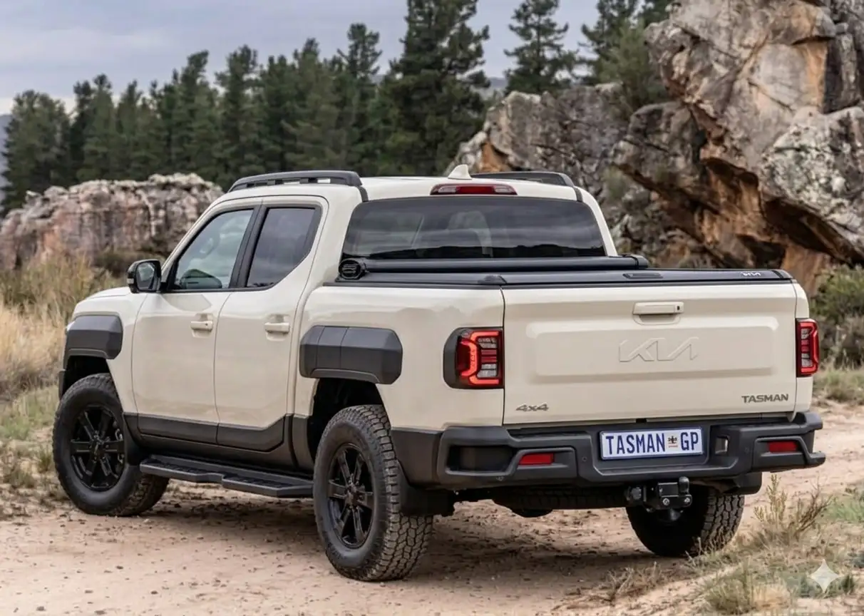 Chi tiết đuôi xe Kia Tasman 2026 với logo dập nổi và cụm đèn hậu LED đặc trưng của dòng bán tải Hàn Quốc.