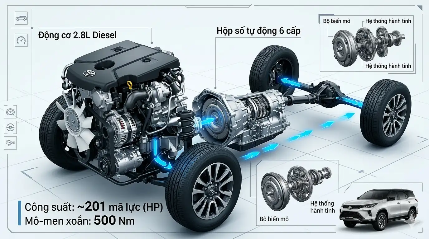 Hệ thống vận hành và động cơ 2.8L mạnh mẽ của Toyota Fortuner 2026