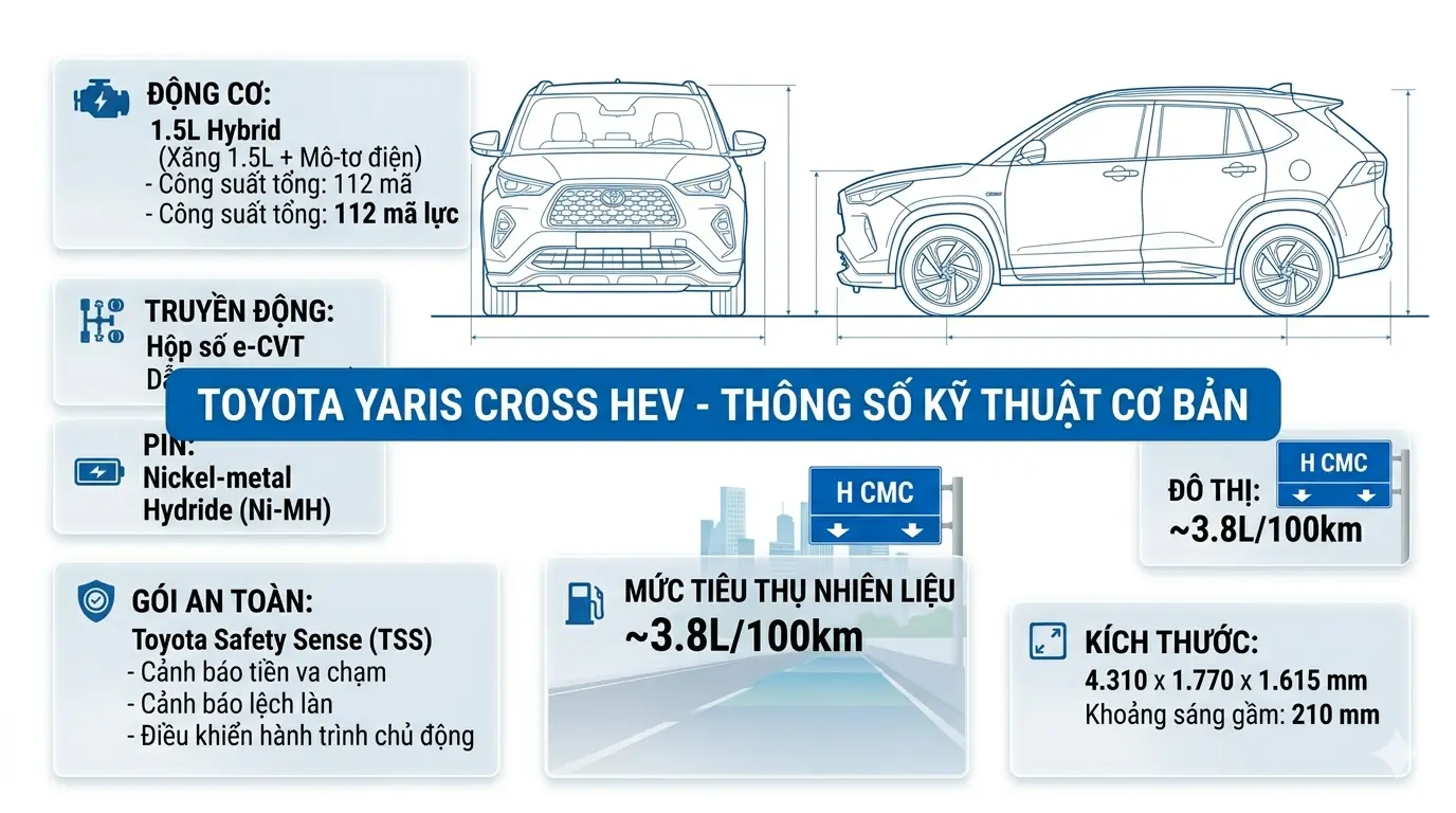 Chi tiết thông số động cơ 1.5L Hybrid và công nghệ an toàn TSS trên Toyota Yaris Cross 2026.