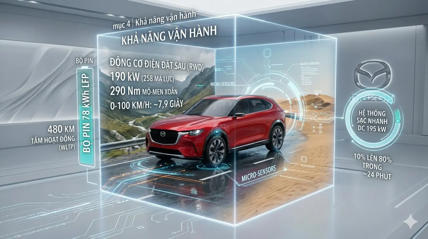 Thông số vận hành Mazda CX-6e với pin 78kWh và quãng đường di chuyển 480km.