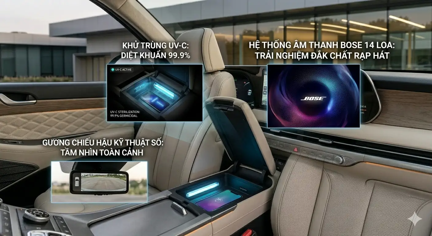 Tiện nghi cao cấp gồm hộc khử trùng UV-C và gương chiếu hậu kỹ thuật số trên Palisade 2026.