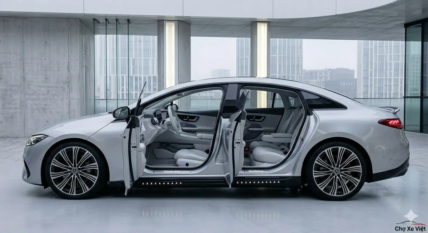 Không gian nội thất rộng rãi và hiện đại của Mercedes CLA 2026 nhìn từ bên hông khi mở cửa.