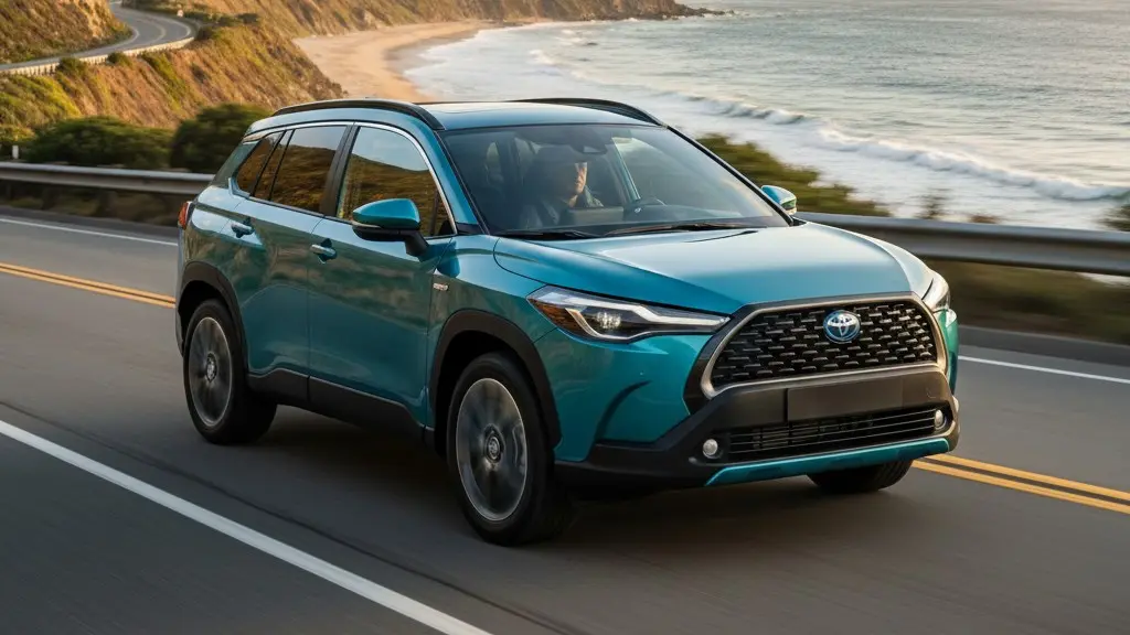 Xe Toyota Corolla Cross 2022 màu xanh nước biển chạy dọc bờ biển