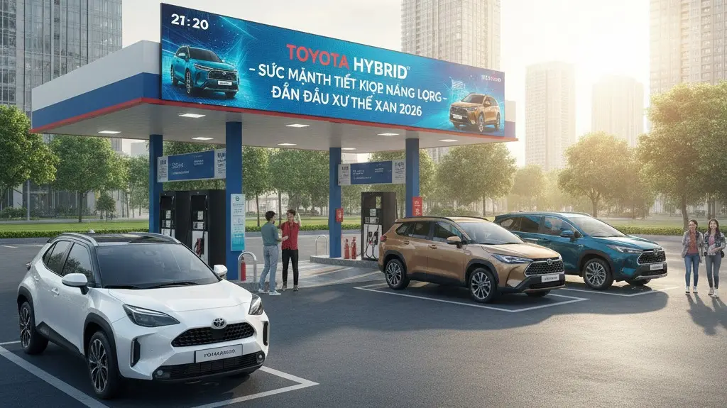 Các mẫu xe Toyota Hybrid như Corolla Cross và Yaris Cross tại trạm dừng nghỉ, minh chứng sức mạnh thị phần xe Hybrid 2026.