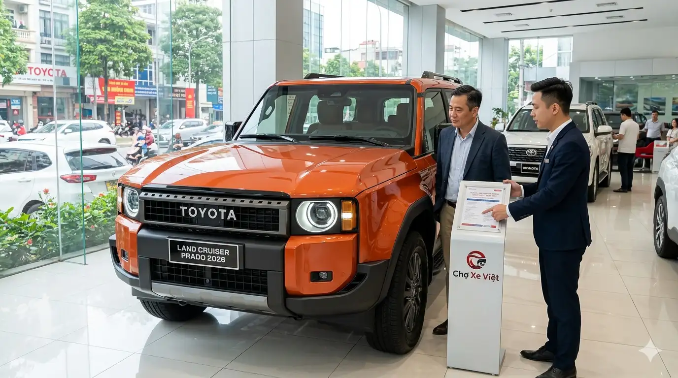 Xe Toyota Land Cruiser Prado 2026 màu cam thiết kế retro đang cực kỳ thu hút khách đặt cọc tại showroom