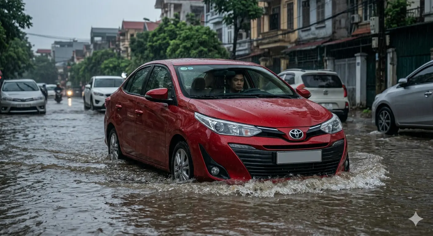 Toyota Vios giữ đều ga đi qua đường ngập nước để bảo vệ ống xả.