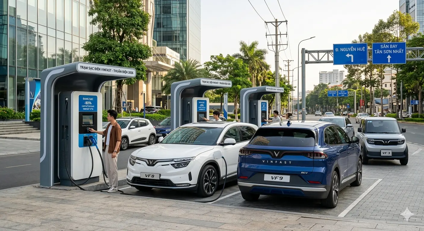 Hệ thống trạm sạc xe điện VinFast dày đặc tại các thành phố lớn giúp người dùng an tâm chuyển đổi sang xe thuần điện