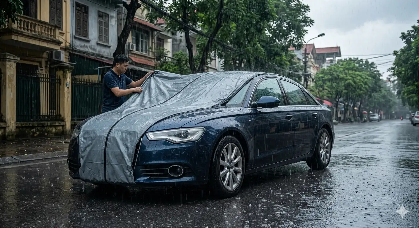 Ô tô được bảo vệ trong túi chống ngập Carbag tại Hà Nội mùa mưa.