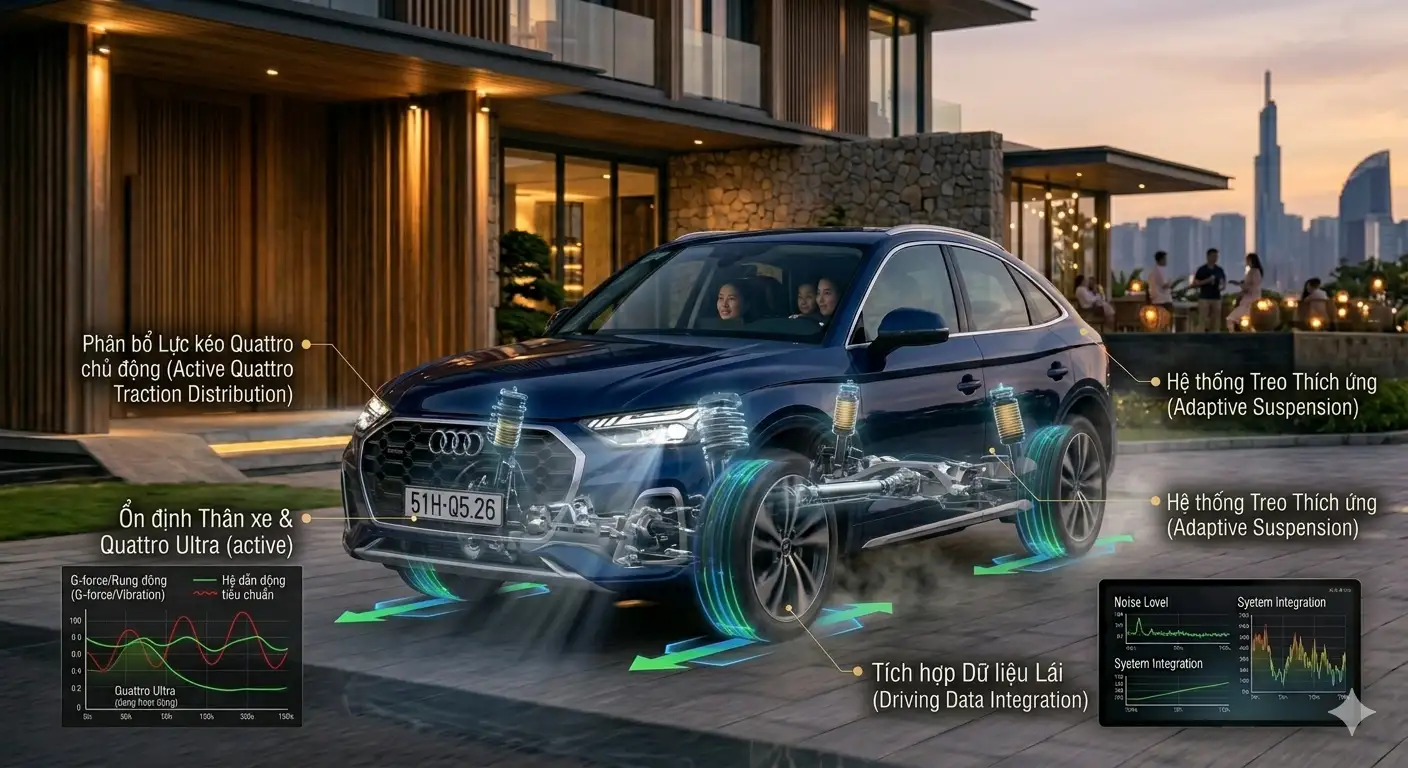 Sự ổn định và đầm chắc của hệ dẫn động Quattro Ultra trên Audi Q5 2026.