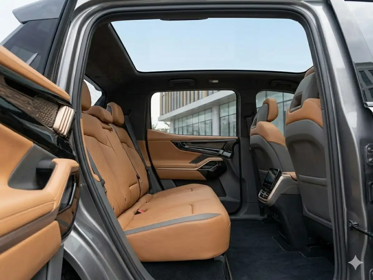 Nội thất hàng ghế sau xe VinFast VF Wild làm nổi bật khoảng để chân rộng rãi và tầm nhìn thoáng đãng qua trần kính toàn cảnh (Panoramic).