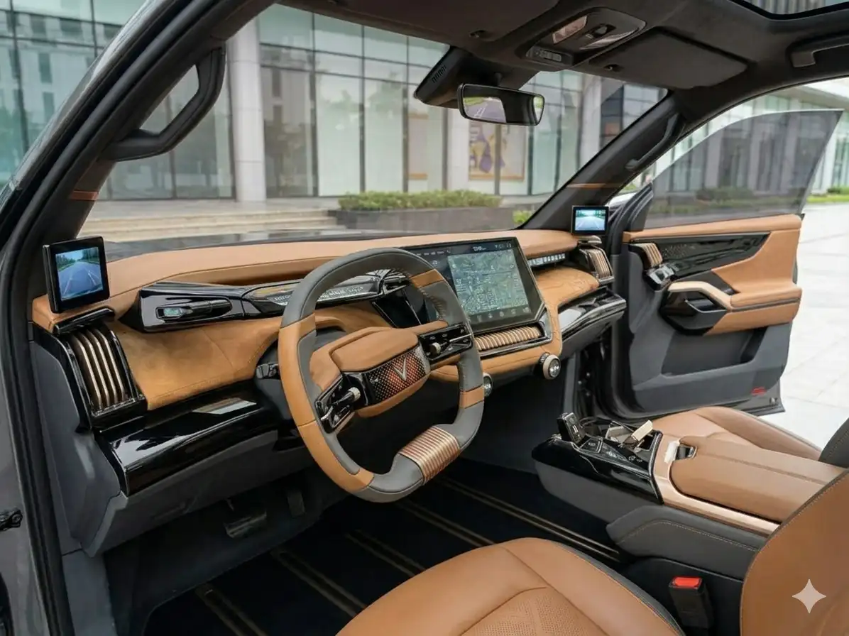 Nội thất khoang lái VinFast VF Wild nhìn qua cửa mở ngược, hiển thị màn hình trung tâm lớn và vô-lăng độc đáo.