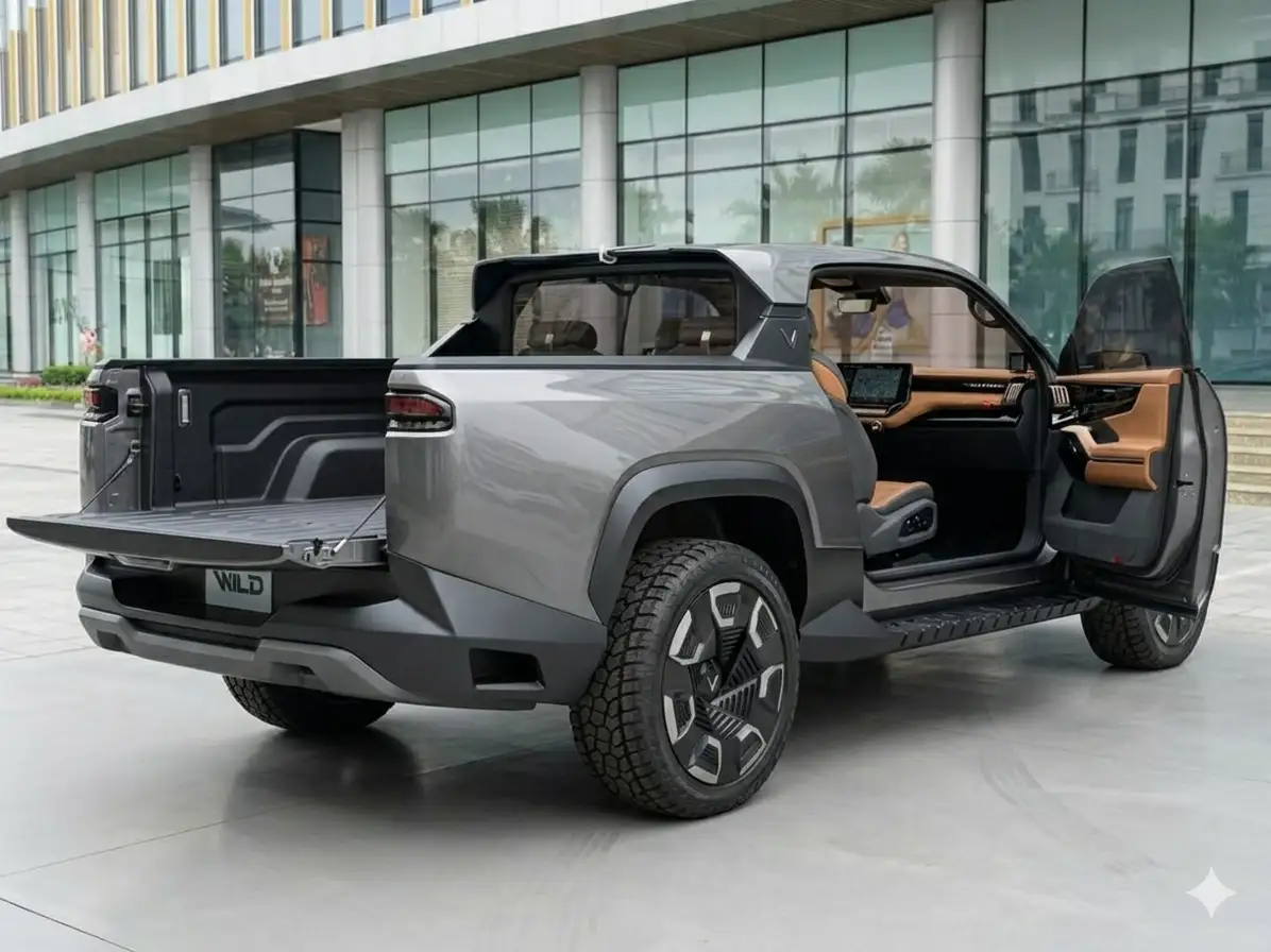 Góc chụp 3/4 phía sau xe VinFast VF Wild làm nổi bật đường nét cơ bắp, mâm xe 22 inch và lốp đa địa hình.
